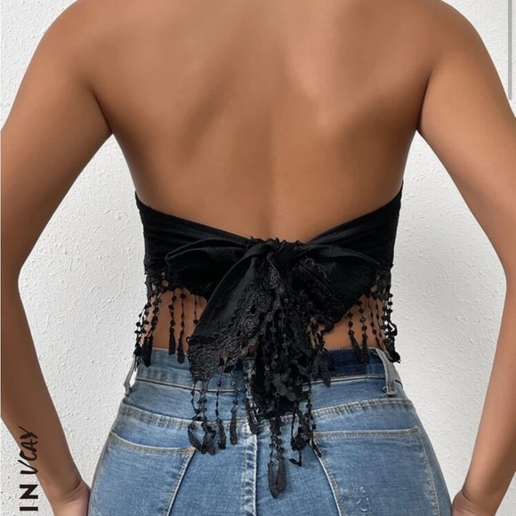 Black Strapless Top with Fringe Detail - Picture 2 of 2